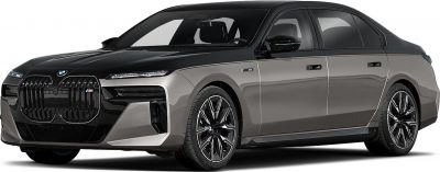 Front side view of luxury sedan featuring large kidney grille and alloy wheels