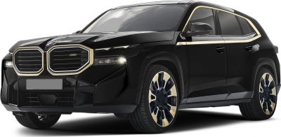 Gold-trimmed grille and exclusive gold-accent wheels on black luxury SUV