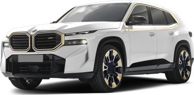 Large dual kidney grille with gold trim and gold-accented black wheels