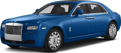 Luxury blue sedan with large chrome grille and classic alloy wheels