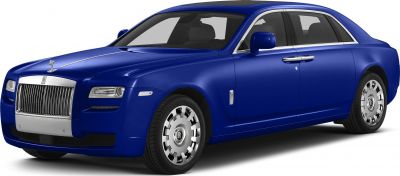 Blue luxury sedan with prominent grille and sleek body front-side view
