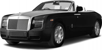 Front view of a black luxury convertible with prominent grille and open roof.