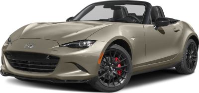 Convertible sports car front view with black multi-spoke wheels and red brake calipers