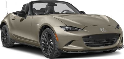 Front view of convertible with sleek headlights and black alloy wheels