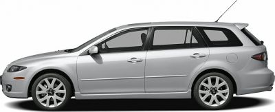 Side profile of a silver station wagon with alloy wheels and a roof spoiler.