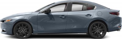 Side profile of a sleek four-door sedan with black alloy wheels.