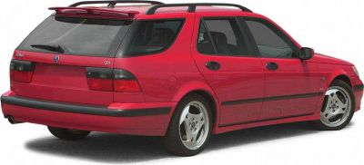 Red station wagon rear side view with alloy wheels and roof rails