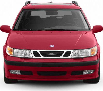Red vehicle front with grille, headlights, and roof rails