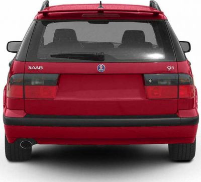 Rear view of red station wagon with taillights and rear window