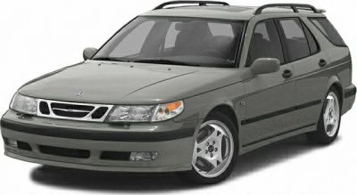 Front side view of a station wagon with roof rails and five-spoke wheels
