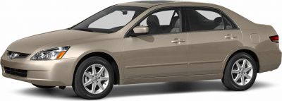 Side and front view of beige midsize sedan with alloy wheels