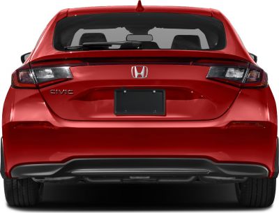 Red hatchback rear with modern tail lights and integrated spoiler