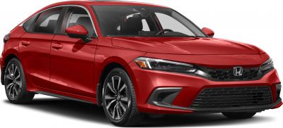 Compact red sedan with LED headlights and sporty alloy wheels