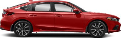 Side profile of a sleek red sedan with modern alloy wheels.
