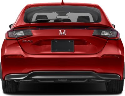 Rear view of a red hatchback with distinctive taillights and rear windshield wiper