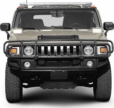 Front view of rugged 2003 Hummer H2 with protective grill and wide tires
