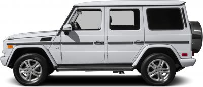 Side profile of a rugged SUV with V8 badge and distinct alloy wheels