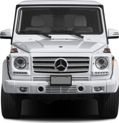 Front view with round headlights, grille, bumper, and LED daytime running lights.