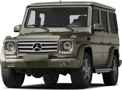 Front view of rugged long SUV with LED daytime lights and bold grille