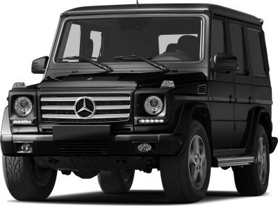 Front view of black SUV with round headlights and chrome grille