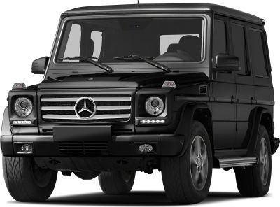 Front view of a rugged SUV with LED daytime running lights.