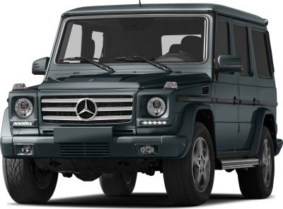 Front view of a boxy SUV with iconic grille and round headlights