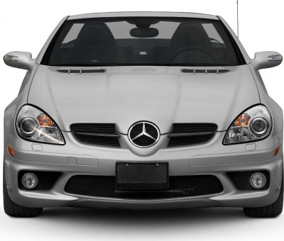 Front view with grille, headlights, and bumper of a modern sports convertible