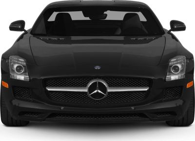 Front view featuring grille and headlights of a sleek black sports coupe