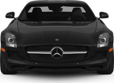 Front view of black sports car with grille and headlights