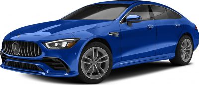 Front side view of luxury sports sedan with aggressive grille and sleek profile