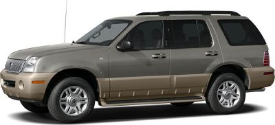 Side profile of a two-tone mid-2000s SUV with rugged styling and running boards.