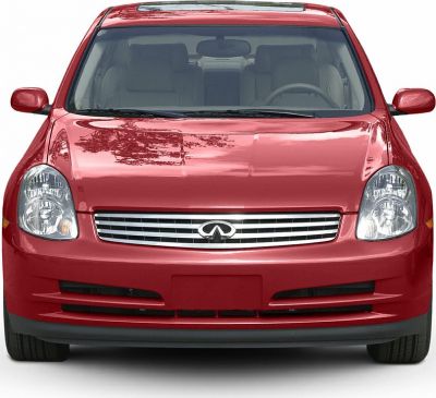 Front view with chrome grille and clear headlights