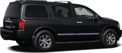 Side rear view of a black large SUV with roof rack and tinted windows