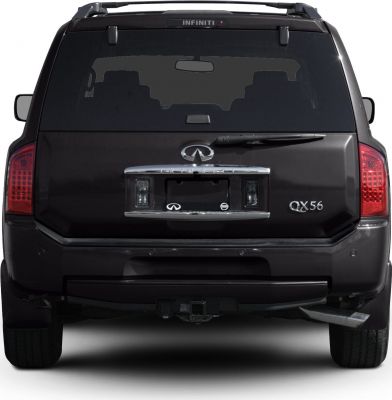 Infiniti SUV rear with tail lights, rear window, and chrome trim