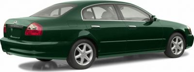 Rear and side view of green sedan with alloy wheels and distinctive taillights