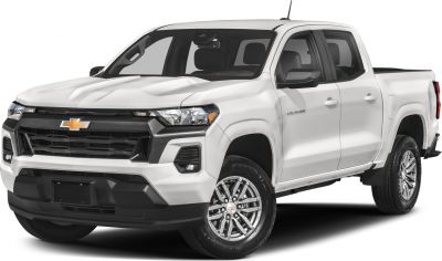 Front and side view of white mid-size pickup with alloy wheels and bold grille