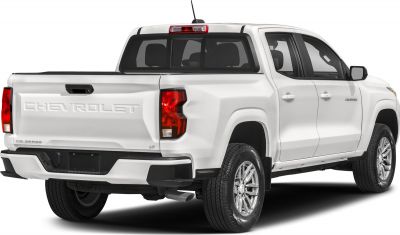 Rear and side view of pickup with crew cab and short box
