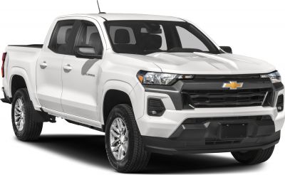Front angle of a crew cab pickup with a short cargo bed