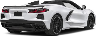 Rear and side view of mid-engine sports convertible with black rims.