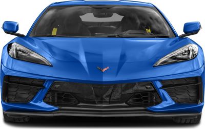 Front view of a blue sports coupe with sleek headlights and aggressive grille.