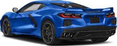 Rear and side view of blue sports coupe with quad exhausts and rear spoiler