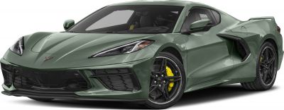 Front-side view of a green sports coupe with yellow brake calipers.