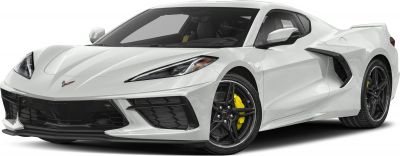 Front angled view of a white coupe with black wheels and yellow brake calipers