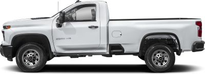 Side view of heavy duty pickup with crew cab and long bed