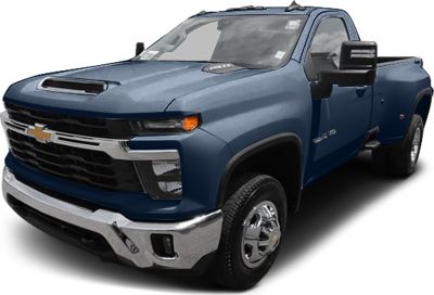 Heavy-duty pickup with crew cab, long bed, hood scoop, dual rear wheels