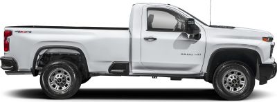 Side view of single cab heavy duty pickup truck with standard bed and 4x4 badge