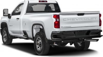 Rear view of heavy duty pickup with double cab and long bed.