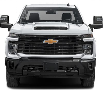 Heavy duty pickup front with hood scoop, wide grille, extended mirrors