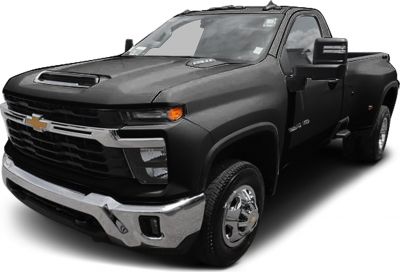 Front and side view of heavy duty pickup with hood scoop and dual rear wheels