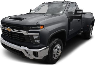 Heavy duty truck, regular cab, long bed, hood scoop, chrome bumper